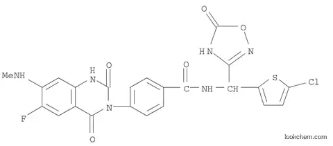 Molecular Structure of 1015434-83-9 (Benzamide, N-[(5-chloro-2-thienyl)(2,5-dihydro-5-oxo-1,2,4-oxadiazol-3-yl)methyl]-4-[6-fluoro-1,4-dihydro-7-(methylamino)-2,4-dioxo-3(2H)-quinazolinyl]-)